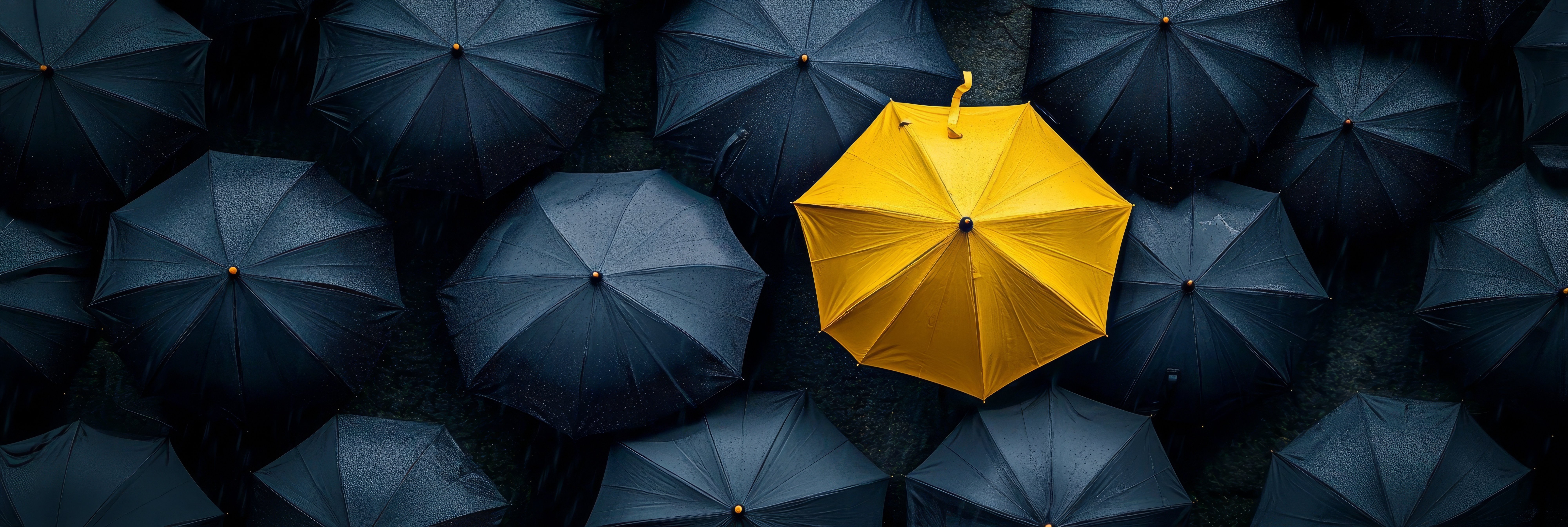 One yellow umbrella standing out in a crowd of dark ones